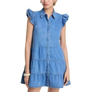 Alice + Olivia Jem Tiered Denim Dress L Chambray Ruffle Sleeve Western NWT